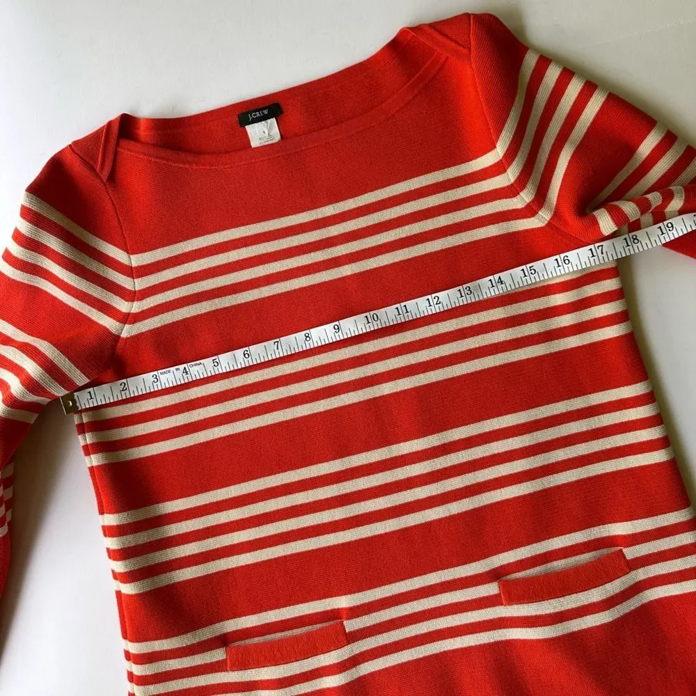 J. Crew Boatneck Popover Sweater in Orange Knit w/ Cream Stripes Pockets Size S